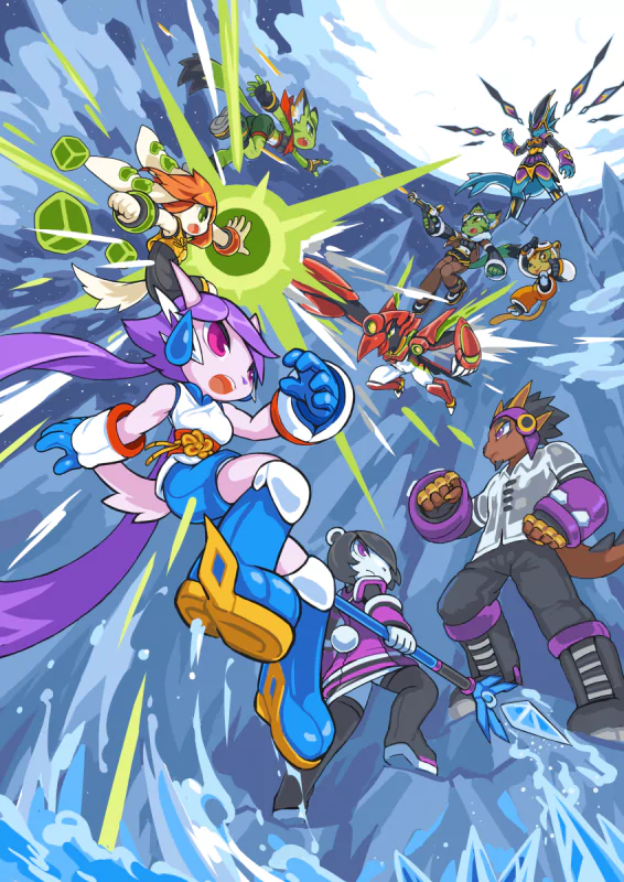 Dynamic illustration of characters from the video game Freedom Planet 2 engaged in action-packed gameplay.