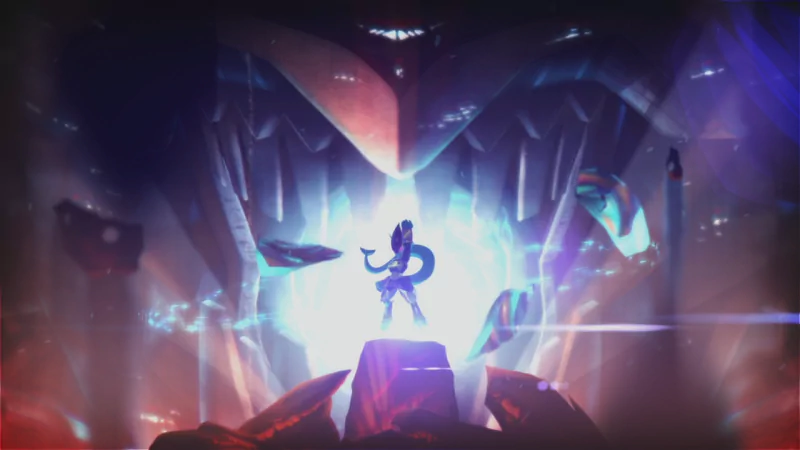 Dramatic scene from Freedom Planet 2 video game featuring a character standing heroically with glowing crystals and futuristic elements in the background.