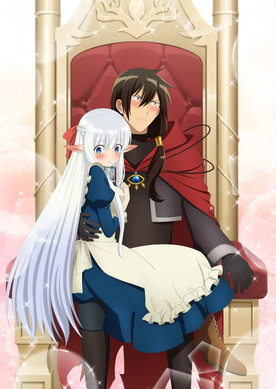 Anime characters from An Archdemon's Dilemma: How to Love Your Elf Bride with a man holding an elf girl in front of a throne.