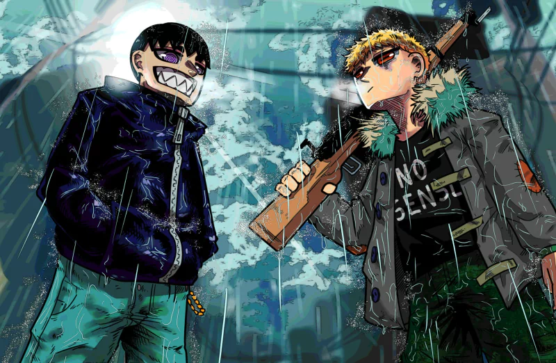 Two intense characters stand under rain with a cracked window behind them, one holding a wooden bat, embodying the edgy vibe of Sense life.