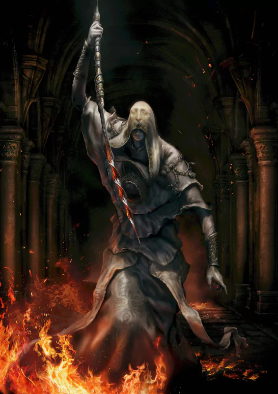 Godskin Apostle from Elden Ring video game wielding a spear surrounded by flames in a gothic setting.