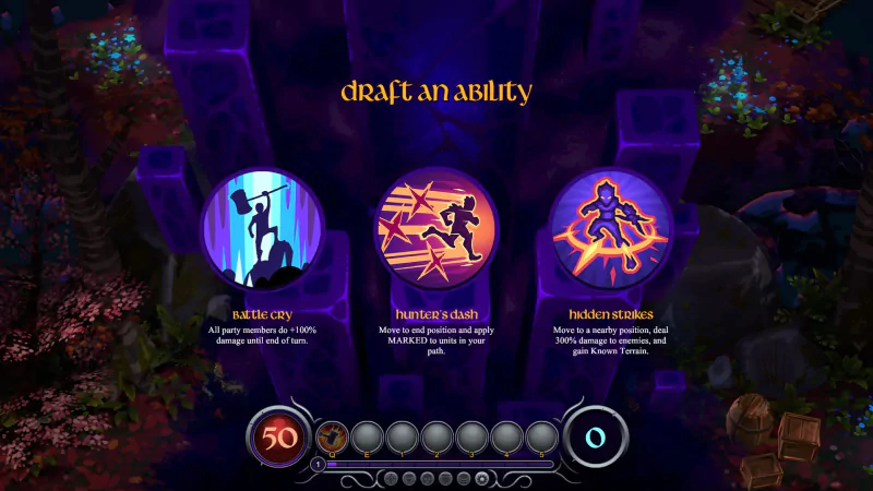 In-game screenshot of Inkbound video game featuring an ability draft screen with three options: Bullet Ciry, Fractured Ground, and Predictive Ambush.
