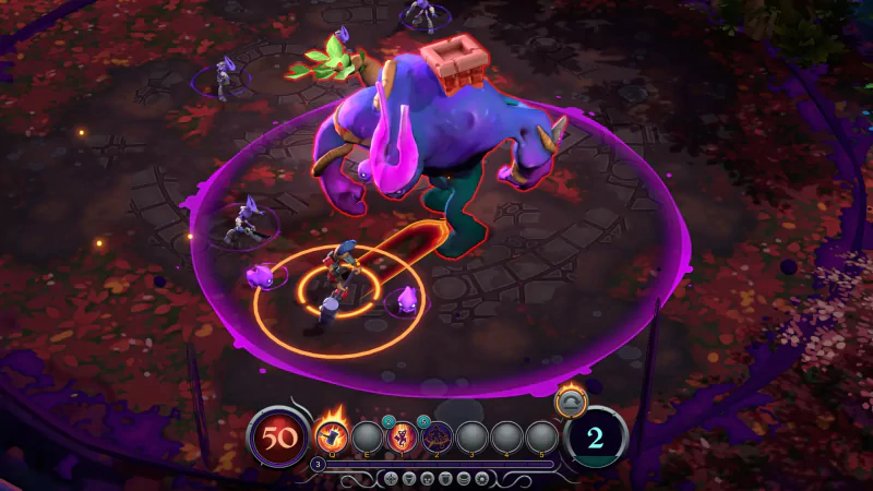 An action-packed scene from the video game Inkbound, featuring a character facing off against a large purple creature in a magical battle arena.