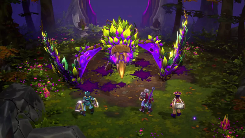 Characters exploring a mystical forest with vibrant crystals in the video game Inkbound.