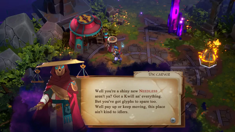 In-game screenshot from 'Inkbound' video game featuring a dialogue box and mystical village environment at night.