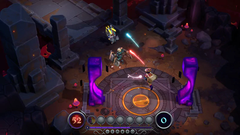 Gameplay screenshot from the video game Inkbound showing characters in combat within a dark, mystical arena setting.