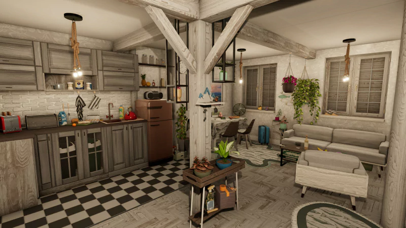 Renovated kitchen and living room interior from House Flipper 2 video game, showcasing modern rustic design with checkered flooring, wooden beams, and cozy furnishings.