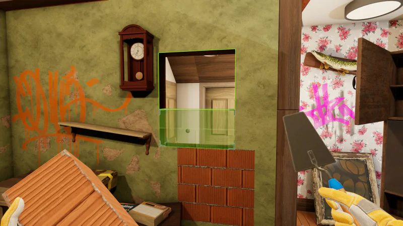 Screenshot of a room renovation in progress from the video game House Flipper 2, showcasing wall demolition and interior design elements.