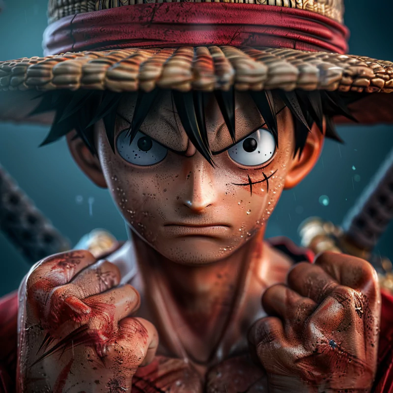 Close-up of Monkey D. Luffy from One Piece anime, showing his determined expression, straw hat, and clenched fists with blood stains.