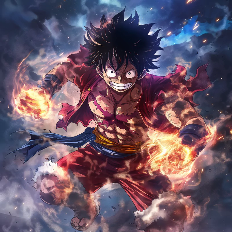 Anime illustration of One Piece's Monkey D. Luffy in Gear 5, roaring midair with blazing fists and a torn red outfit, surrounded by smoke, embers, and stormy skies.