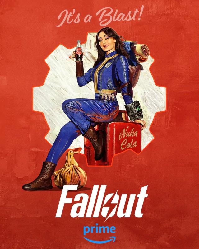 Promotional artwork for the TV show 'Fallout' featuring a character in blue apparel holding a bottle of Nuka Cola, with the tagline 'It's a Blast!' against a red background with the Fallout logo at the bottom.