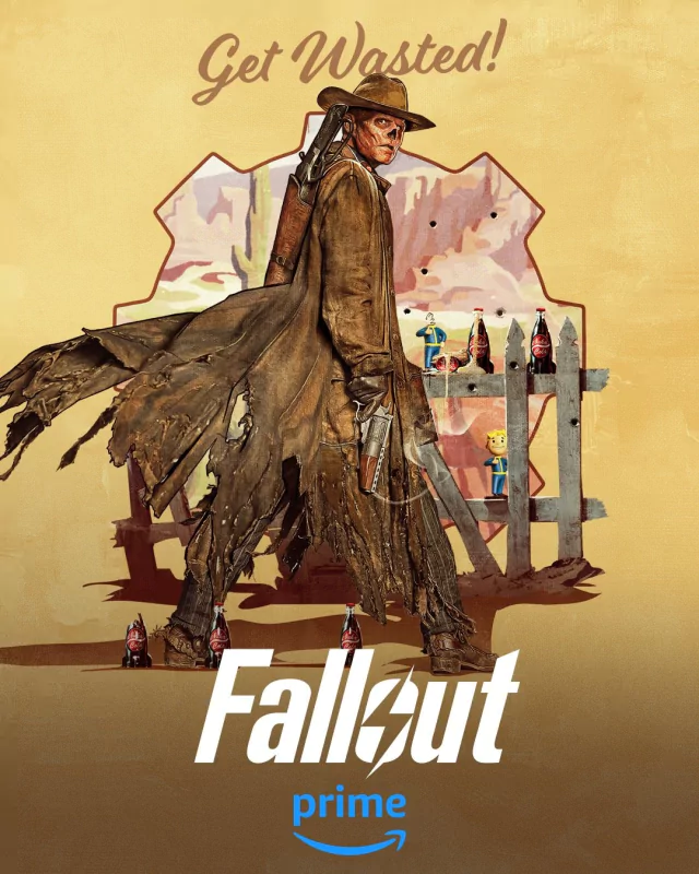 Promotional poster for the Fallout TV show, featuring a character in post-apocalyptic attire with the tagline Get Wasted! and the show's logo at the bottom.