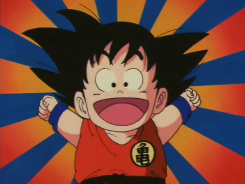 A joyful Kid Goku from Dragon Ball with a vibrant burst background, smiling widely with hands up in excitement.