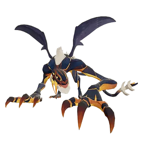 Illustration of a character from the video game AFK Journey, featuring a creature with dark wings, white mask-like facial features, and orange and black body armor.