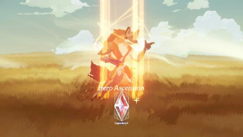 Illustration from the video game 'AFK Journey' showing a character in the midst of a 'Hero Ascension' with dynamic light beams surrounding them against a backdrop of a grassy field and a serene sky.