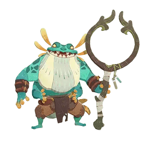 Artwork of a fantasy character from the video game AFK Journey, depicting a robust creature with a beard holding a large staff with a curved end.