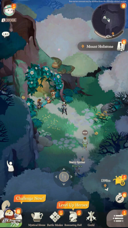 Screenshot from the video game 'AFK Journey' showing characters in a mystical forest environment with user interface elements like 'Level Up Heroes' and 'Challenge Now!' buttons, and a location mark for 'Mount Holistone'.
