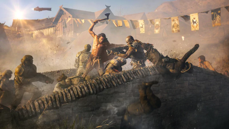 A dynamic scene from the movie Rebel Moon - Part Two: The Scargiver featuring characters engaged in a fierce battle amidst a desert landscape, with a flag-bearing warrior at the forefront and spacecrafts looming in the background.