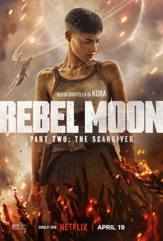 Promotional poster for Rebel Moon - Part Two: The Scargiver featuring a determined-looking character amidst a smoky, fiery backdrop, indicating an intense action or sci-fi theme.