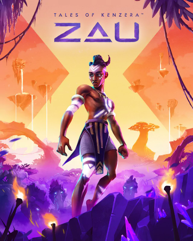 Promotional artwork for the video game Tales of Kenzera: Zau featuring a confident, futuristic female character in an otherworldly landscape with the game title above.