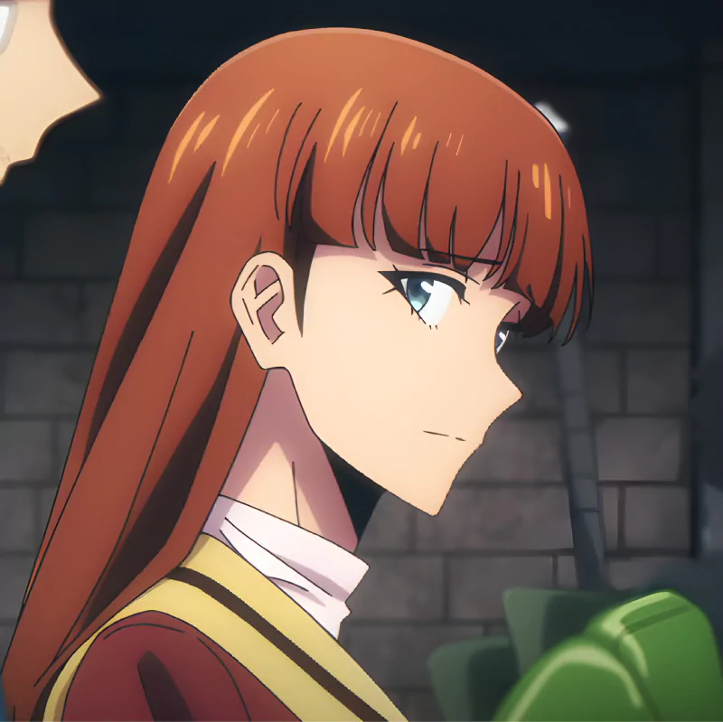 Anime character with long red hair and blue eyes, wearing a yellow and red outfit, looking to the side with a serious expression, from Solo Leveling.