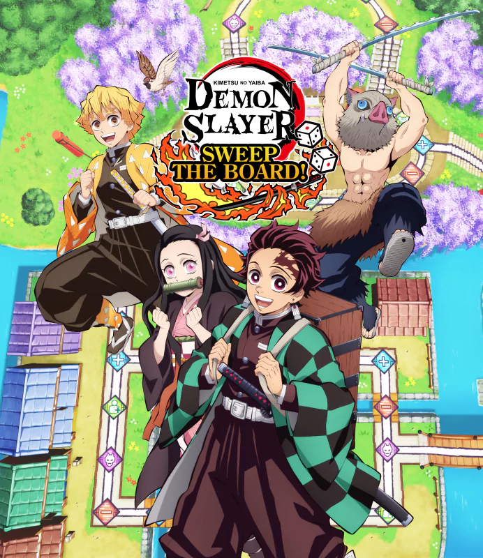 Promotional artwork for the video game Demon Slayer -Kimetsu no Yaiba- Sweep the Board! featuring three animated characters in dynamic poses, with a colorful game board backdrop.