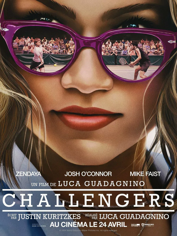 Movie poster for Challengers featuring Zendaya wearing pink sunglasses reflecting a tennis court scene, directed by Luca Guadagnino, releasing April 24.