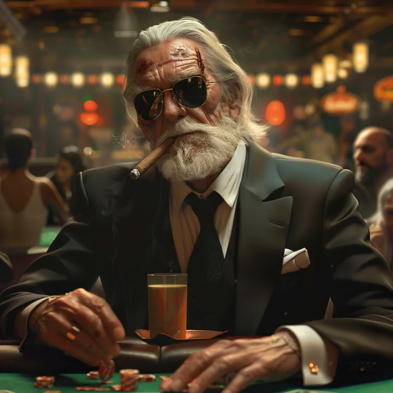 Elderly man in a casino, smoking a cigarette.