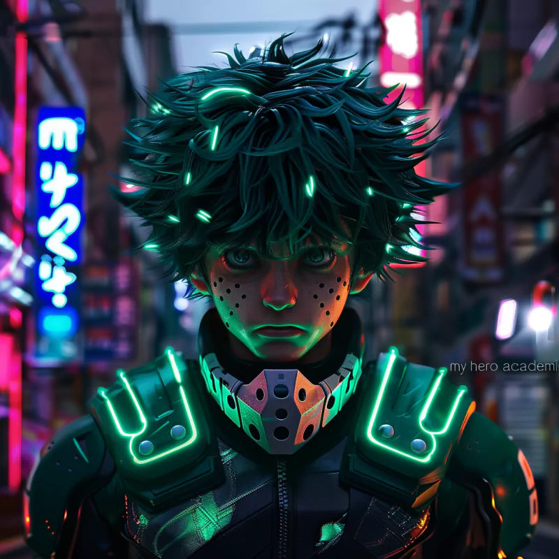 Izuku Midoriya from My Hero Academia: Two Heroes stands in a neon-lit urban street, glowing green highlights accentuating his intense expression and hero costume details.