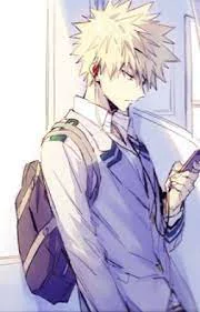 Confident hero Katsuki Bakugou in action, showcasing explosive powers with determination in his eyes.