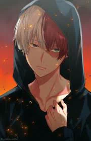 Shoto Todoroki standing confidently, showcasing his dual fire and ice quirk with determination in his eyes.
