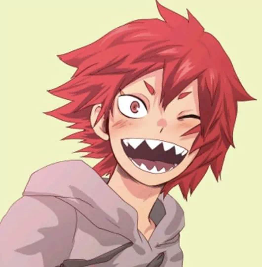 Anime-style illustration of Eijiro Kirishima with spiky red hair, sharp teeth in a wide grin, and wearing a light-colored hoodie against a pale background.