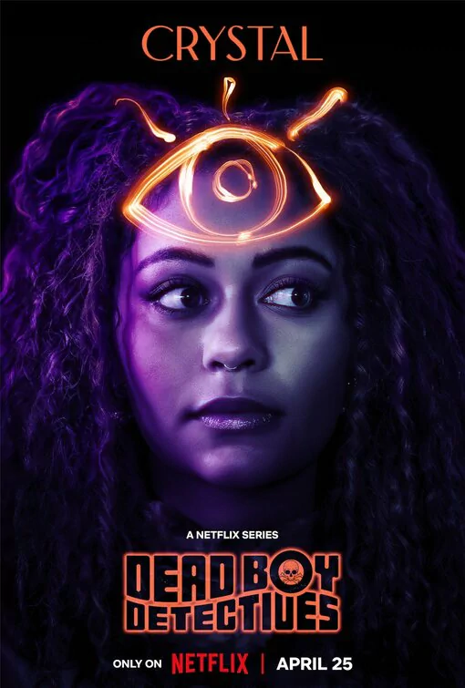 Promotional poster for Netflix's Dead Boy Detectives featuring character Crystal with a neon glowing eye symbol above her head, set against a purple backdrop.