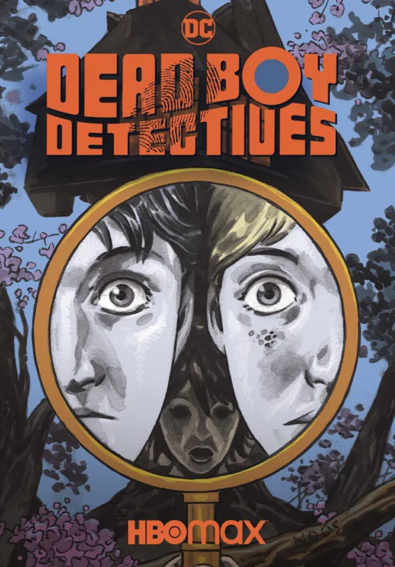 Poster for HBO Max's TV show Dead Boy Detectives featuring an illustrated design of two boys peering through a magnifying glass, set against a forest backdrop.