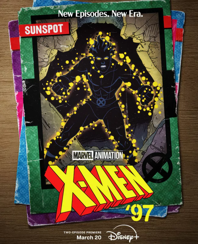 Cartoon depiction of popular X-Men '97 characters standing together in a dynamic and action-packed pose, showcasing their unique powers and costumes.