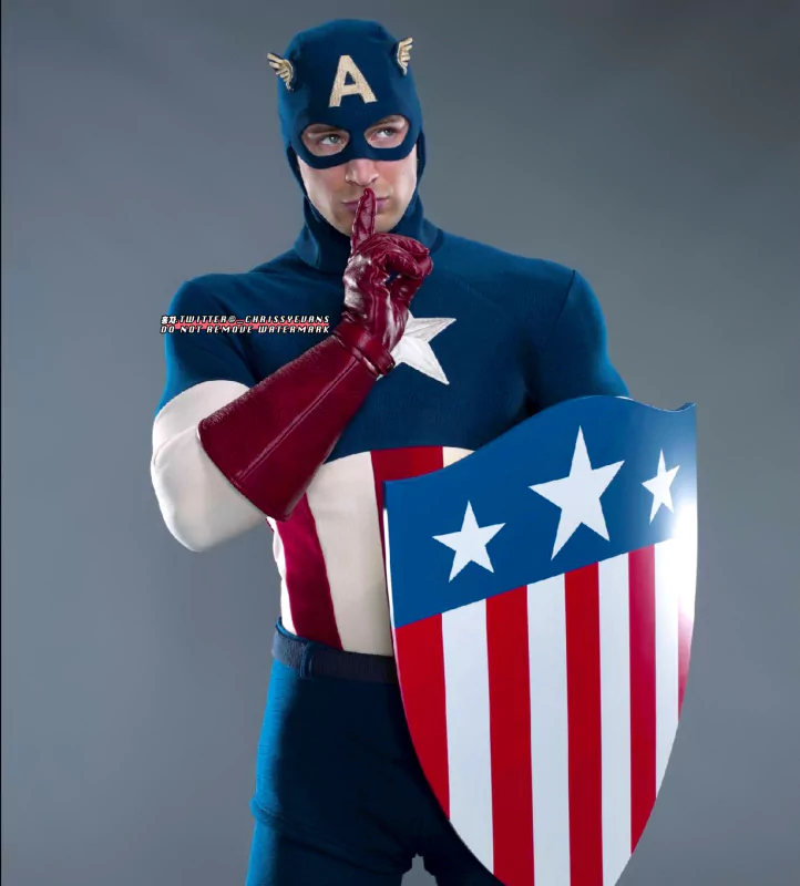 A heroic still from Captain America: The First Avenger featuring the iconic red, white, and blue shield of Captain America.