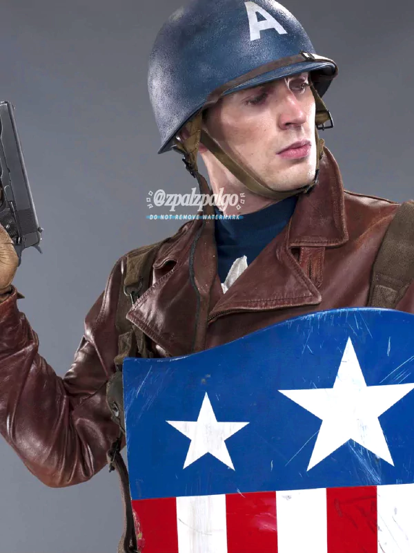 Captain America in his classic red, white, and blue suit, standing heroically.