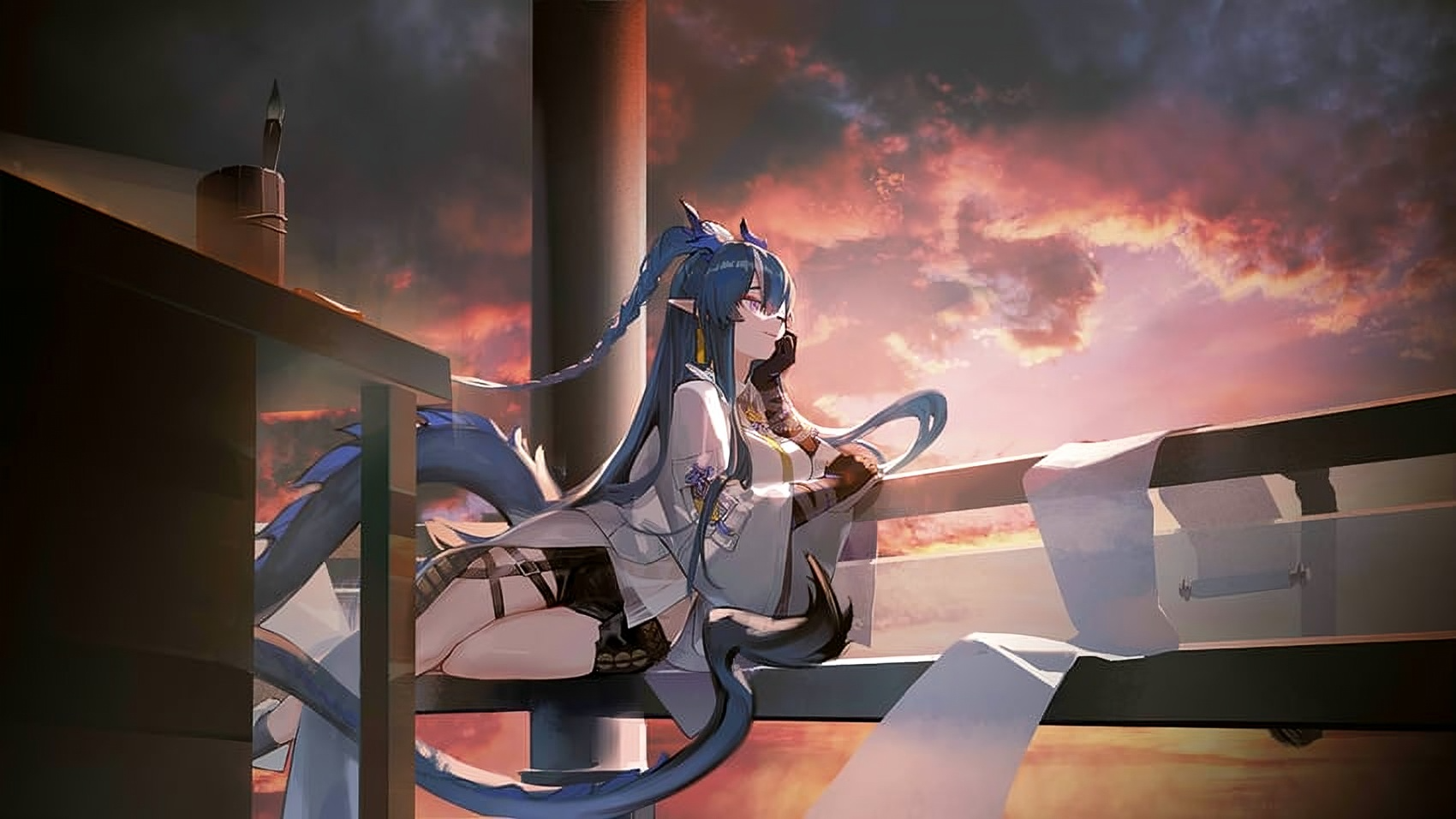Video game anime girl with long braided blue hair and fox-like tails sits on a rooftop railing at sunset, papers drifting.