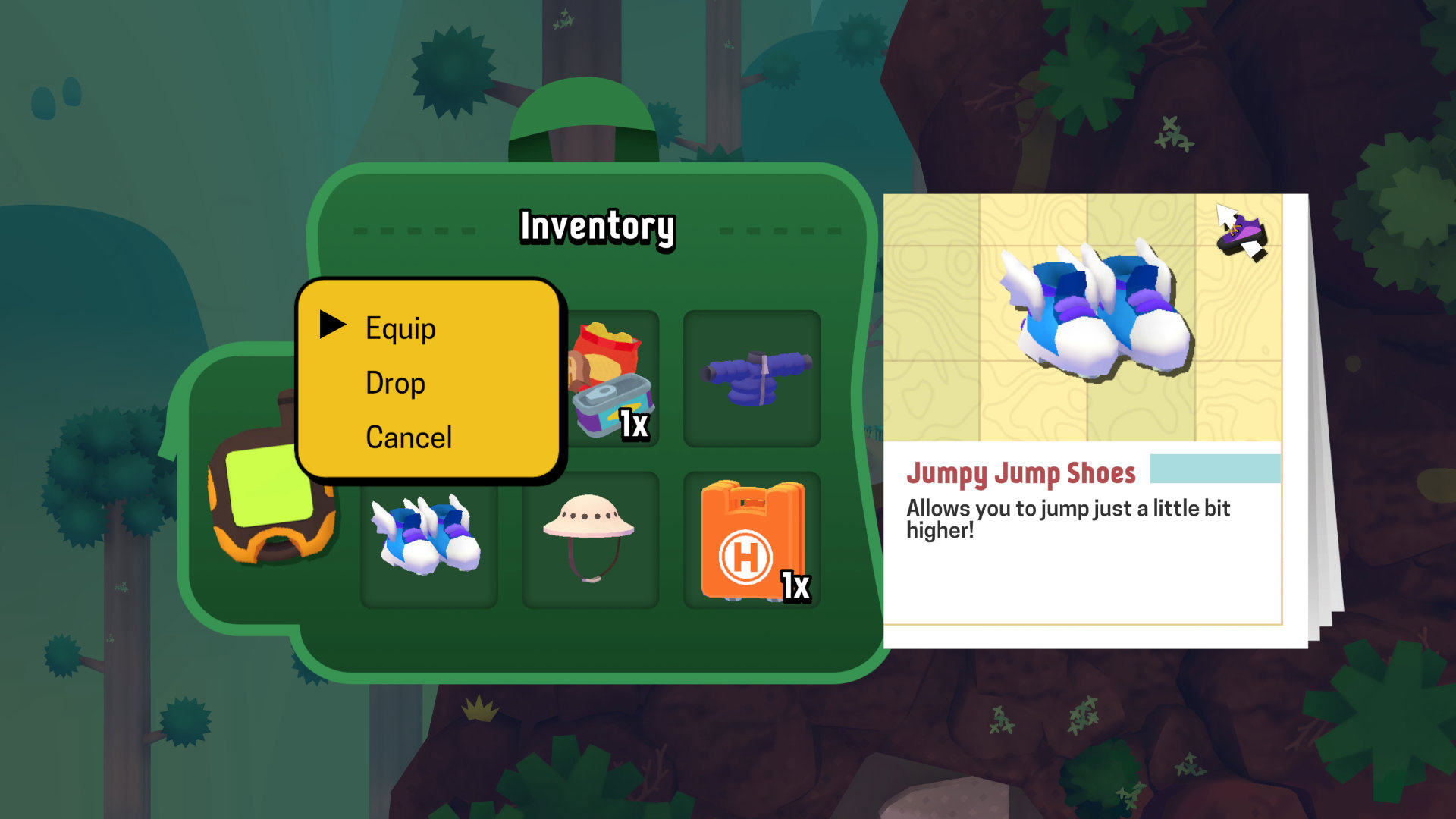 Inventory screen from the video game Surmount, displaying items including Jumpy Jump Shoes which allow higher jumps, set against a forest background.