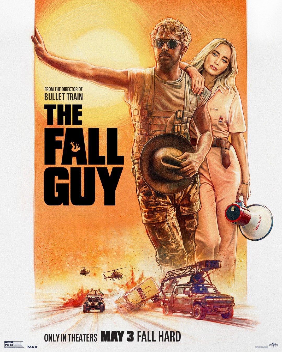 Poster for the movie The Fall Guy featuring a man in a stunt harness and a woman in pink, with action-packed car stunts in the background, releasing in theaters May 3.