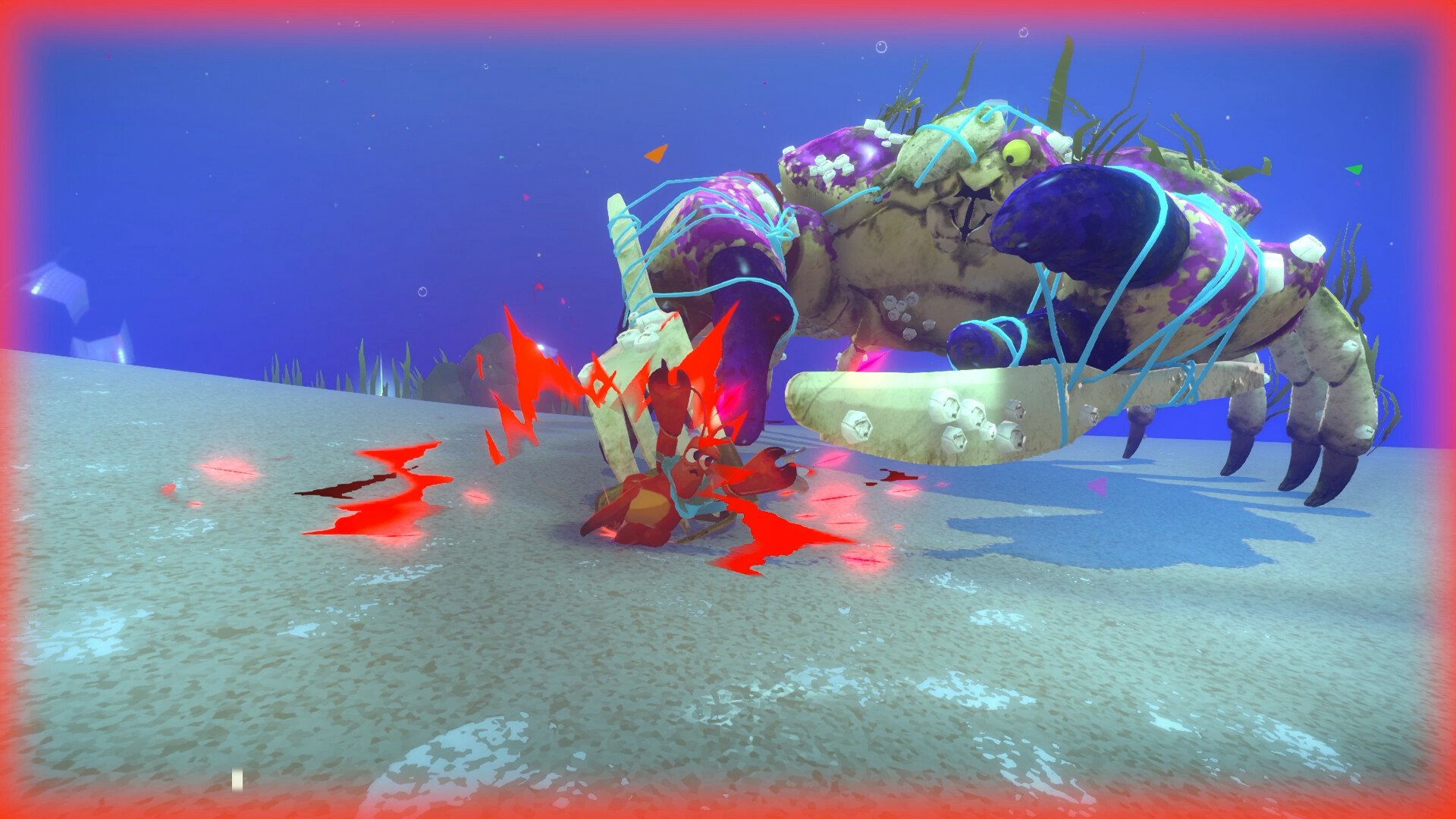 A screenshot from the video game Another Crab's Treasure featuring a hermit crab character battling a large, ornate crab enemy on a sandy ocean bed.