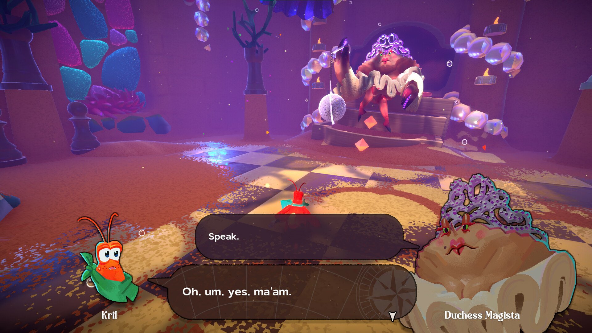In-game screenshot from Another Crab's Treasure, showing the character Kril engaging in dialogue with Duchess Naglaxa in a stylized underwater environment.