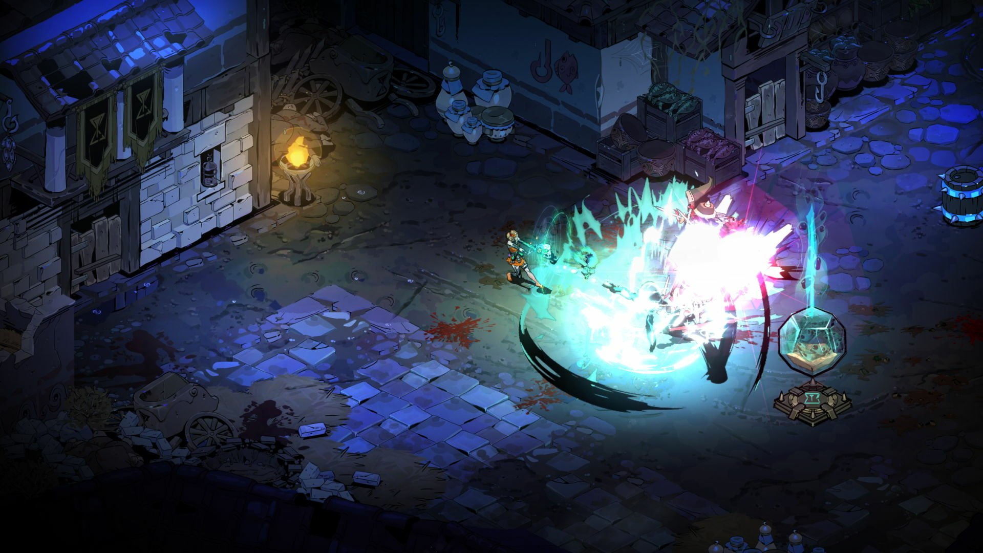 Screenshot from Hades II video game showing a character in a dimly lit dungeon, attacking enemies with a bright, magical burst.