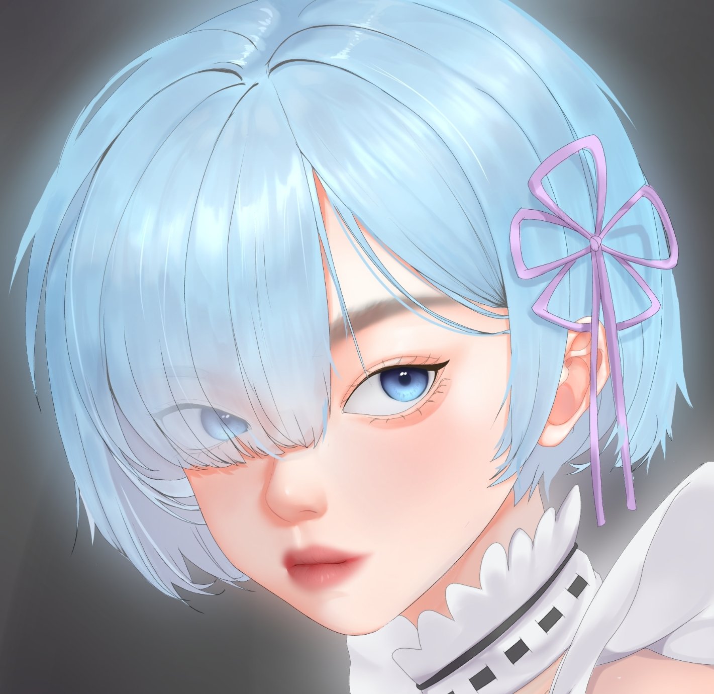 A character with blue hair and blue eyes wearing maid attire, resembling Rem from Re: Zero kara Hajimeru Isekai Seikatsu - Memory Snow.