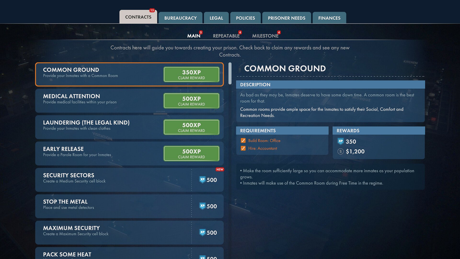 Screenshot from Prison Architect 2 showing a menu with options for prison management strategies and corresponding costs.