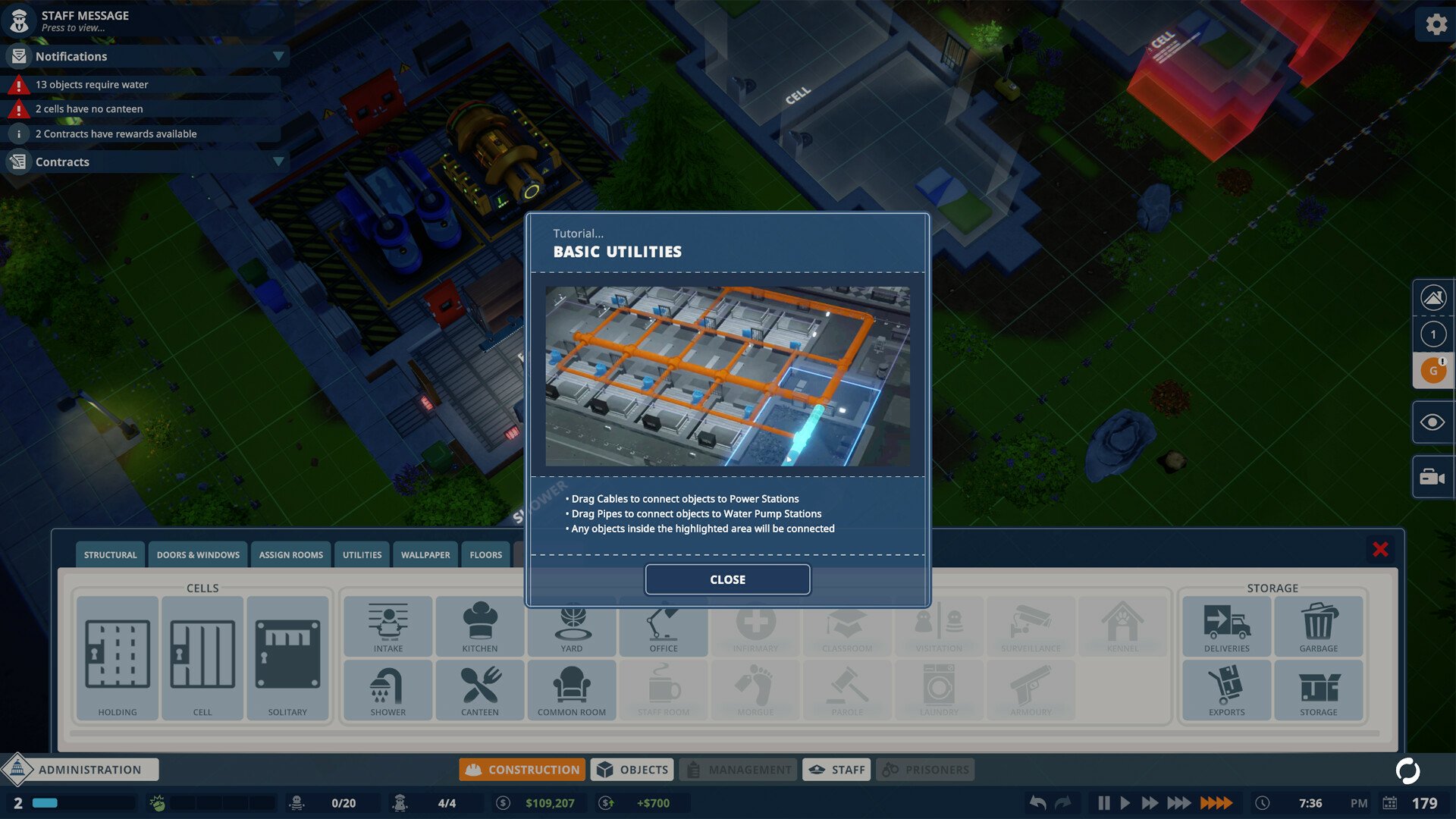 Screenshot from Prison Architect 2 showing an interface with a Basic Shelters blueprint, with nighttime prison construction in the background.