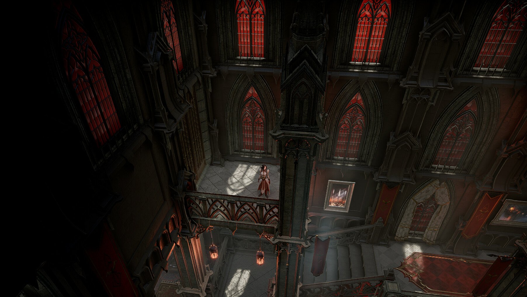 A gothic cathedral interior from the video game V Rising, featuring towering arches, stained glass windows, and characters.