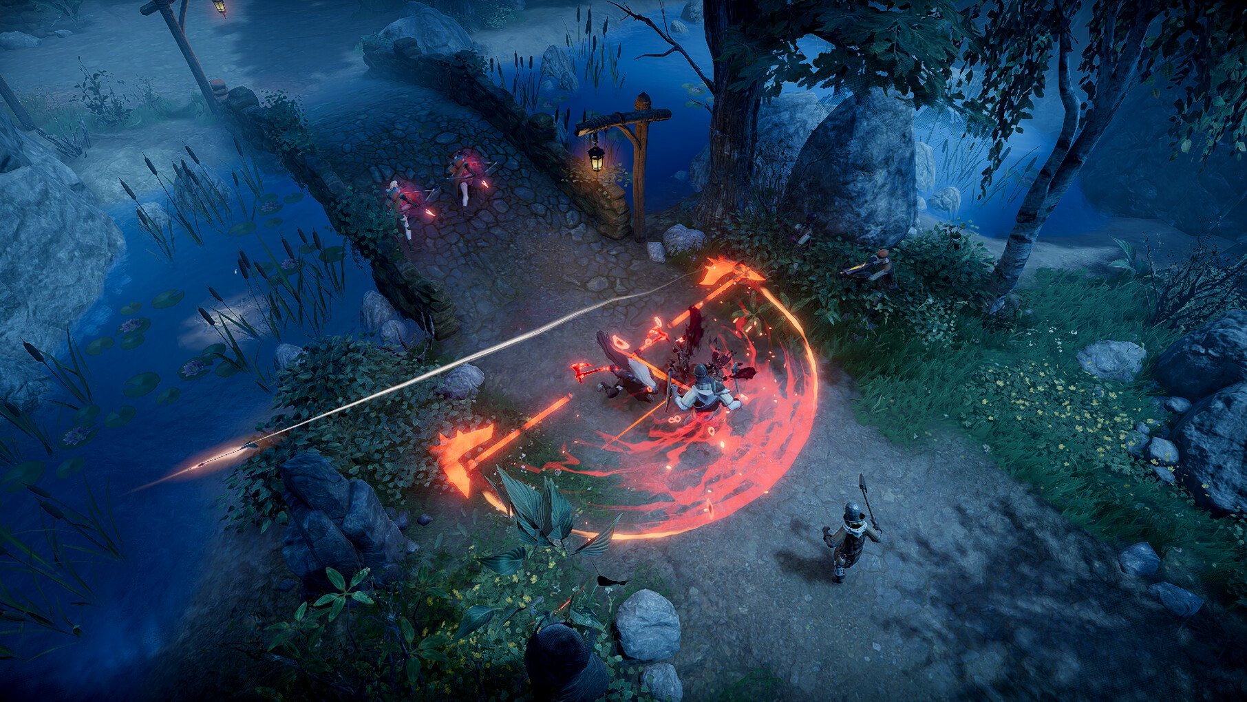 A nighttime scene from the video game V Rising, showing a vampire character using a fiery magical attack on enemies in a forested area.