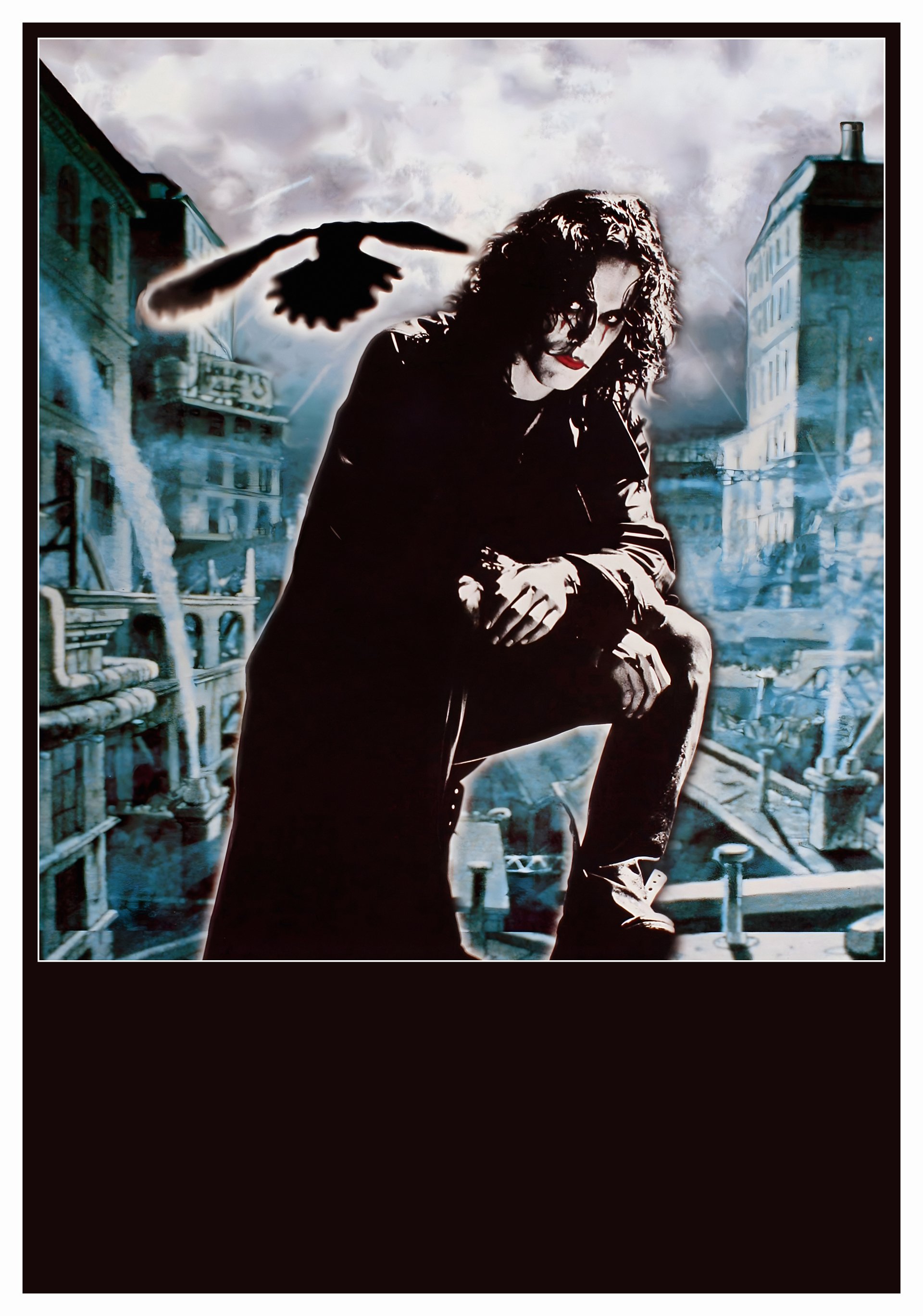 A mystical crow perched on a branch against a cloudy sky.