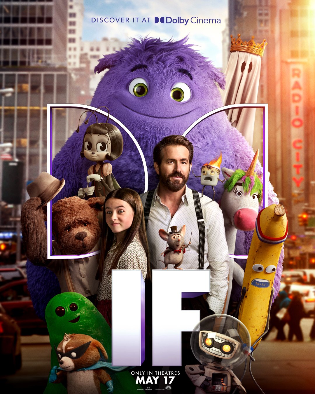 A movie poster for IF (2024) featuring a man and a young girl surrounded by various animated characters, including a large purple creature, set against a city backdrop. The release date is May 17.